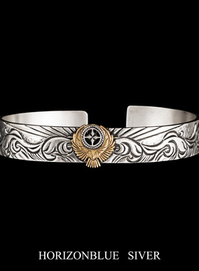 HORIZONBLUE SIVER手工银饰18K点金圆鹰纹章太阳纹手镯开口特注