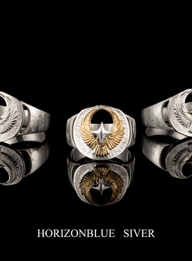 HORIZONBLUE SIVER手工改制银币金头小鹰戒指925纯银男女潮流复古