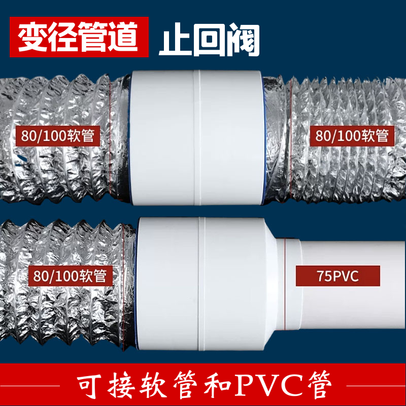 75/110PVC管道止回阀80/100软管浴霸风暖止逆阀换气扇变径烟道阀