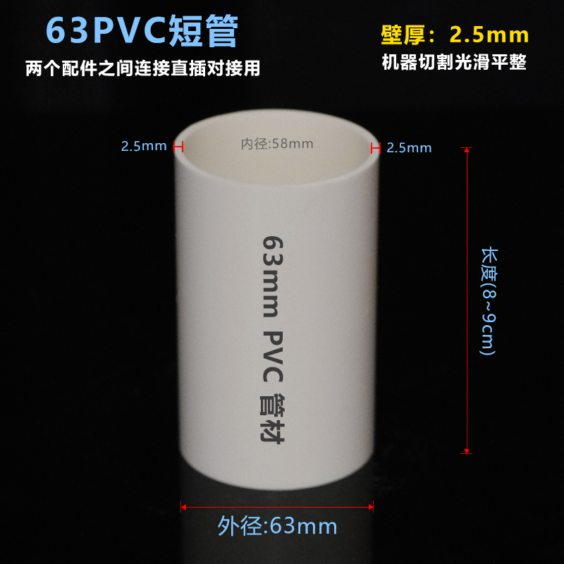 外径63mmPVC管短管长度可定制5cm 15cm 25cm排水管下水管管材配件
