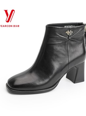 意尔康短靴女2025秋冬季新款真皮粗跟设计不累脚靴子5651AH12867Y
