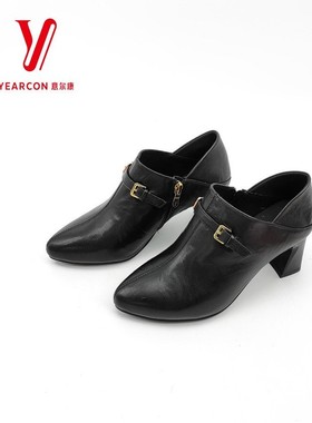 意尔康女鞋2025皮鞋时尚年小秋季跟粗真皮尖头新款女5551AD11915Y