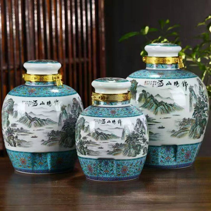 景德镇陶瓷酒坛密封罐泡酒坛10斤20斤30斤家用锦绣山河酒壶高白瓷