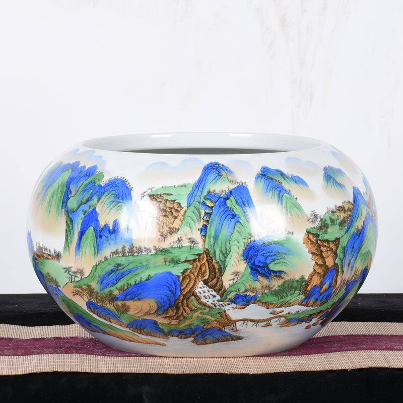 景德镇陶瓷鱼缸谢德标大师手绘青花水浅睡莲碗莲盆笔洗家用养鱼盆