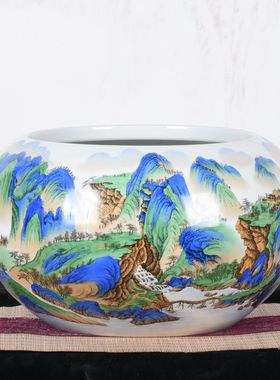 景德镇陶瓷鱼缸谢德标大师手绘青花水浅睡莲碗莲盆笔洗家用养鱼盆