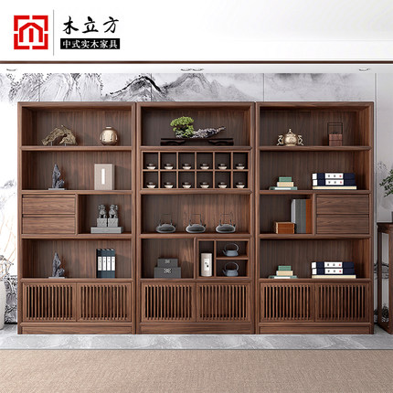 新中式茶柜博古架宋式美学实木茶室茶叶展示柜黑胡桃木办公室书柜