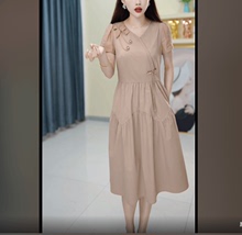 夏短袖 靓利永红简约纯色连衣裙2024女新款 设计感奢华精致裙子 时尚