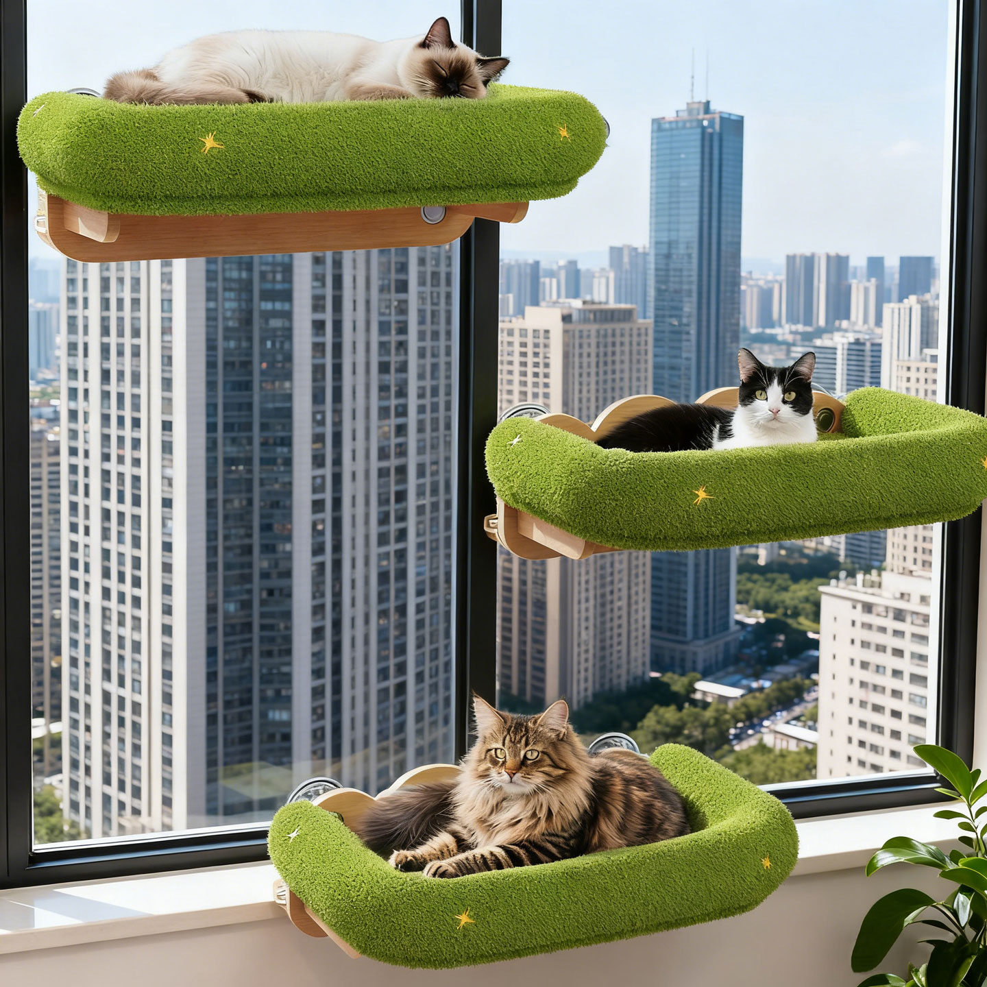 实木窗户猫跳台猫爬架一体吊床