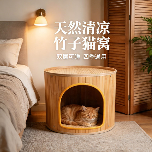 竹编猫窝半封闭安全感猫咪用猫屋