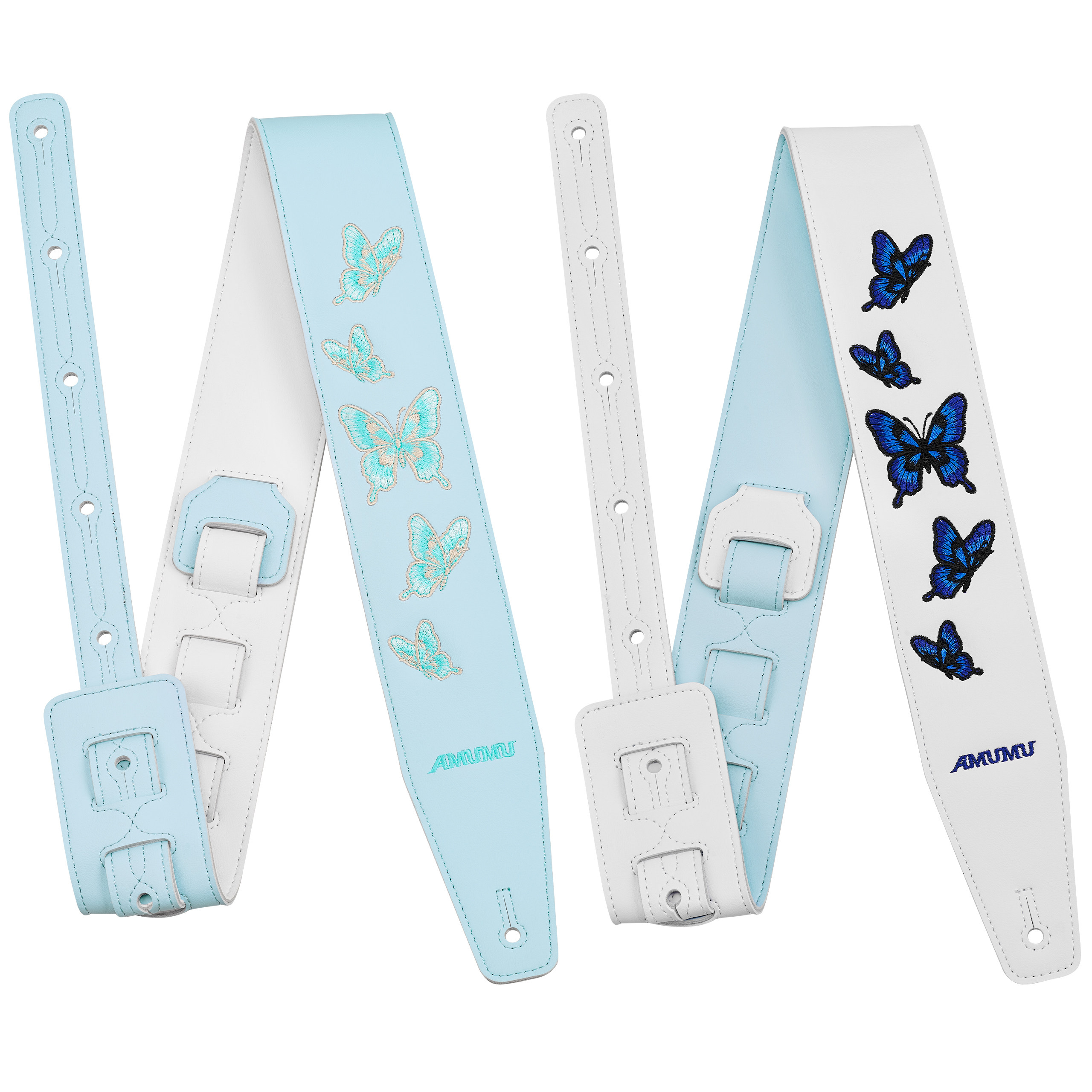 AMUMU皮吉他背带木电吉他贝斯通用肩带加宽加厚双面刺绣天蓝蝴蝶