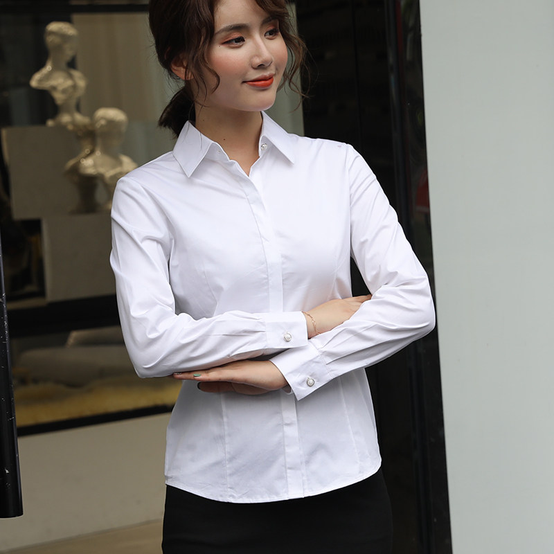 双门襟防走光女土职业白衬衫长袖百搭商务修身显瘦方领打底上衣棉