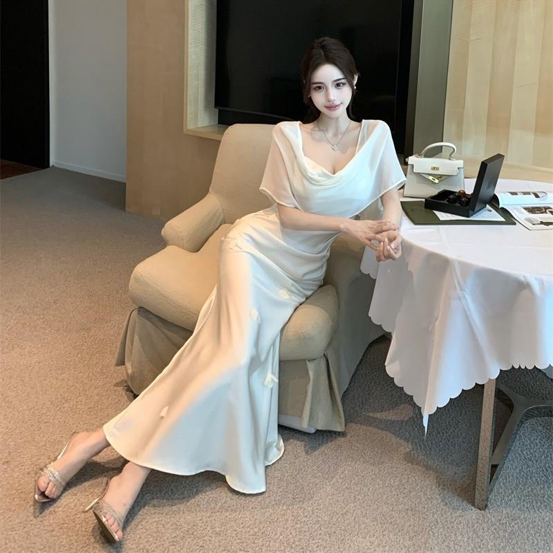 法式轻奢气质性感荡领鱼尾吊带连衣裙女夏名媛修身宴会礼服两件套
