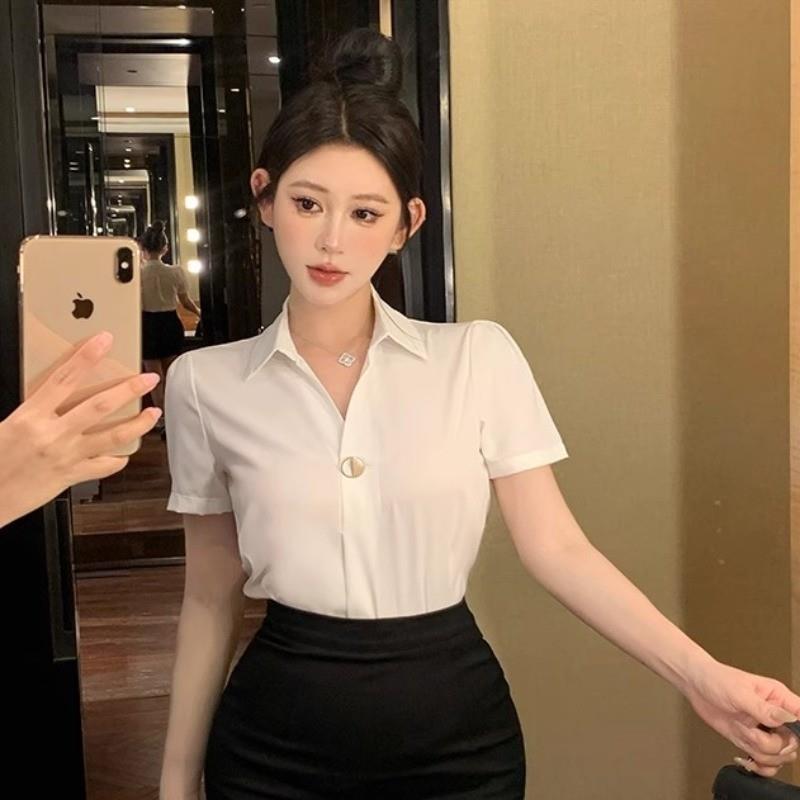 夏季衬衫短袖女职业轻熟御姐风OL制服前台酒店工作服气质白色衬衣