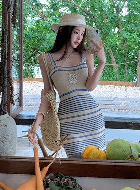 名媛小香风针织修身条纹吊带背心连衣裙女法式复古气质包臀短裙子