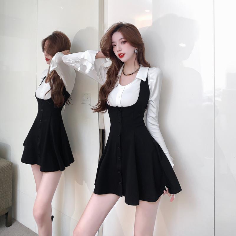 女团炸街学院风白色长袖衬衫+修身显身材背带百褶连衣裙时尚套装