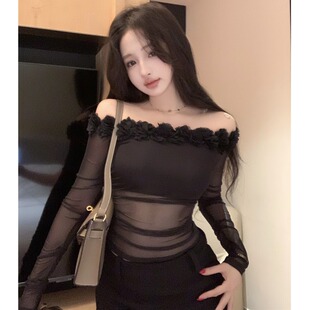 纯欲立体花朵一字肩网纱透视小心机长袖上衣chic露肩显瘦打底衫秋
