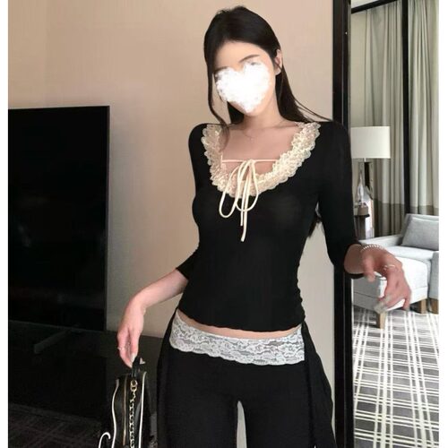纯欲天花板蕾丝U领七分袖T恤女夏季新款法式修身显瘦辣妹黑色上衣