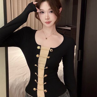 美式辣妹金属扣设计网纱长袖打底衫上衣新款纯欲修身显瘦小众T恤