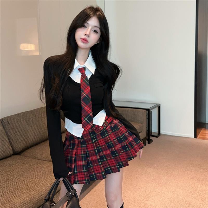 学院风jk制服套装女春秋冬美式甜辣高级感假两件上衣半身裙两件套