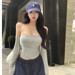 纯欲一字领T恤女秋季新款气质短款露肩紧身显瘦露锁骨上衣打底衫