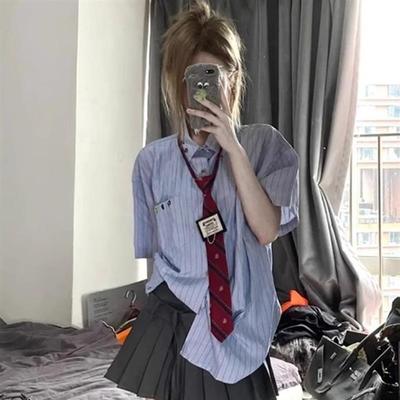 夏季学院风蓝色条纹短袖衬衫女学生jk制服韩版宽松慵懒风衬衣上衣
