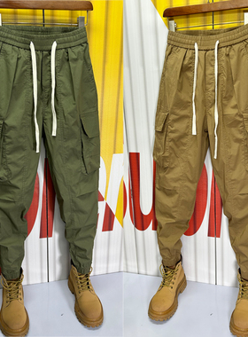 2024春秋款男士工装裤潮牌宽松休闲束脚裤哈伦痞帅卡其色裤子男款