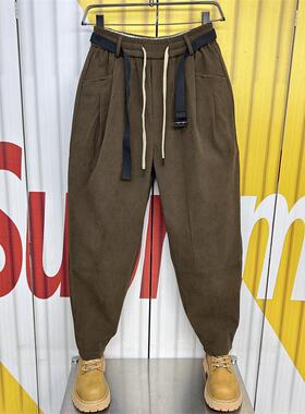 2024秋冬季新款灯芯绒休闲裤男士宽松直筒抽绳痞帅加绒加厚哈伦裤