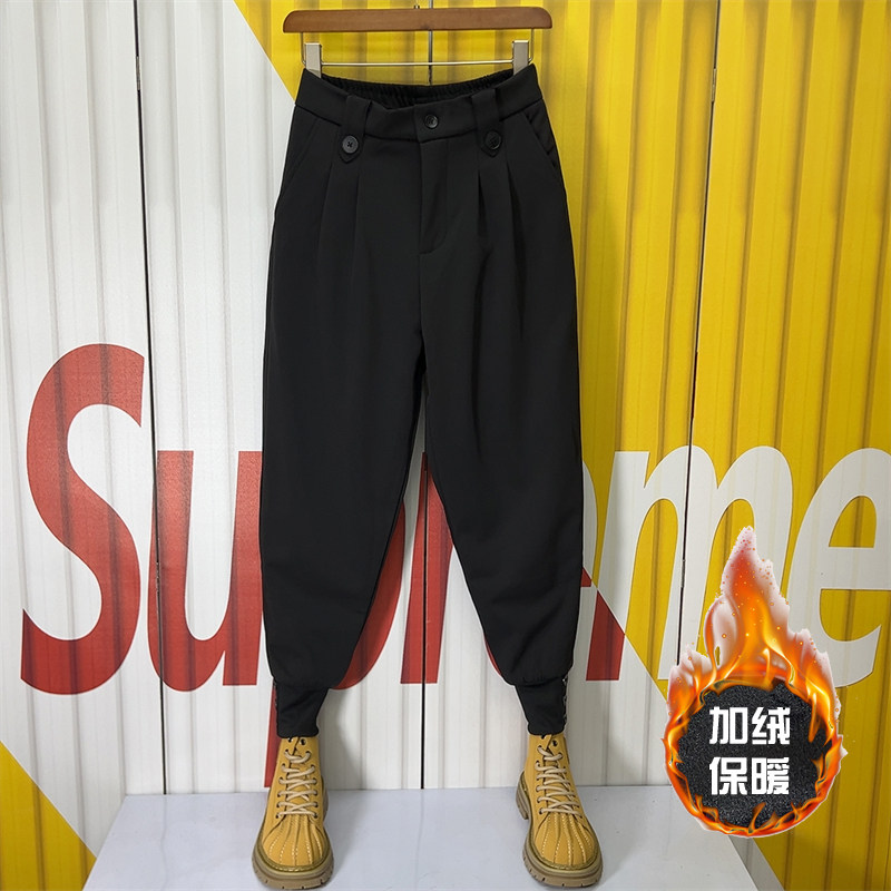 休闲裤男2023秋冬加绒宽松小脚西裤韩版褶皱设计束脚裤痞帅哈伦裤