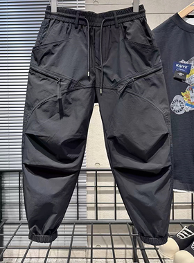 黑色工装裤男士2025春夏薄款宽松户外休闲裤速干九分裤潮牌哈伦裤