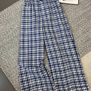 女寬松bf慵懶風(fēng)混亞麻休閑褲 南油精買手店清新藍(lán)白格紋系帶紙袋褲