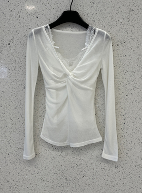 南油买手店纯欲辣妹风蕾丝拼接两件套V领长袖T恤女扭结薄款上衣
