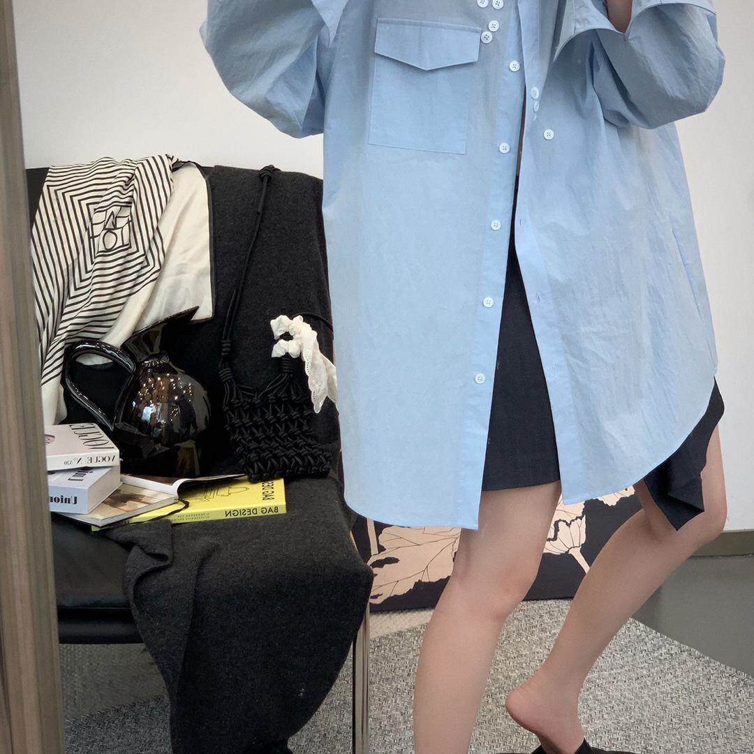 高级质感不规则手工钉扣宽松版型纽扣衬衫女新长袖蓝色衬衣上衣