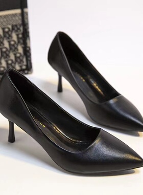 小跟高跟鞋女3cm黑色中跟工作职业哑光皮细跟尖头学生礼仪5-7单鞋