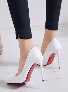 10cm高跟鞋女大码细跟白色礼服尖头漆皮中跟5厘米婚鞋百搭单皮鞋