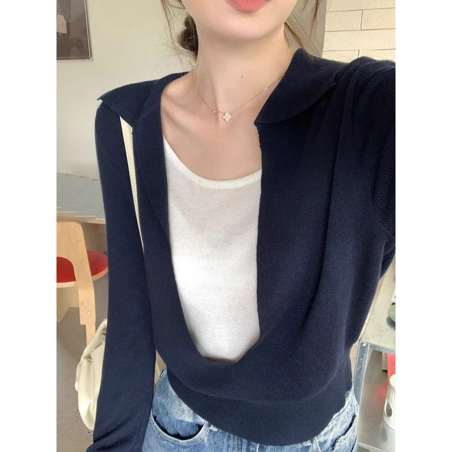 撞色u领polo领针织衫女早秋季