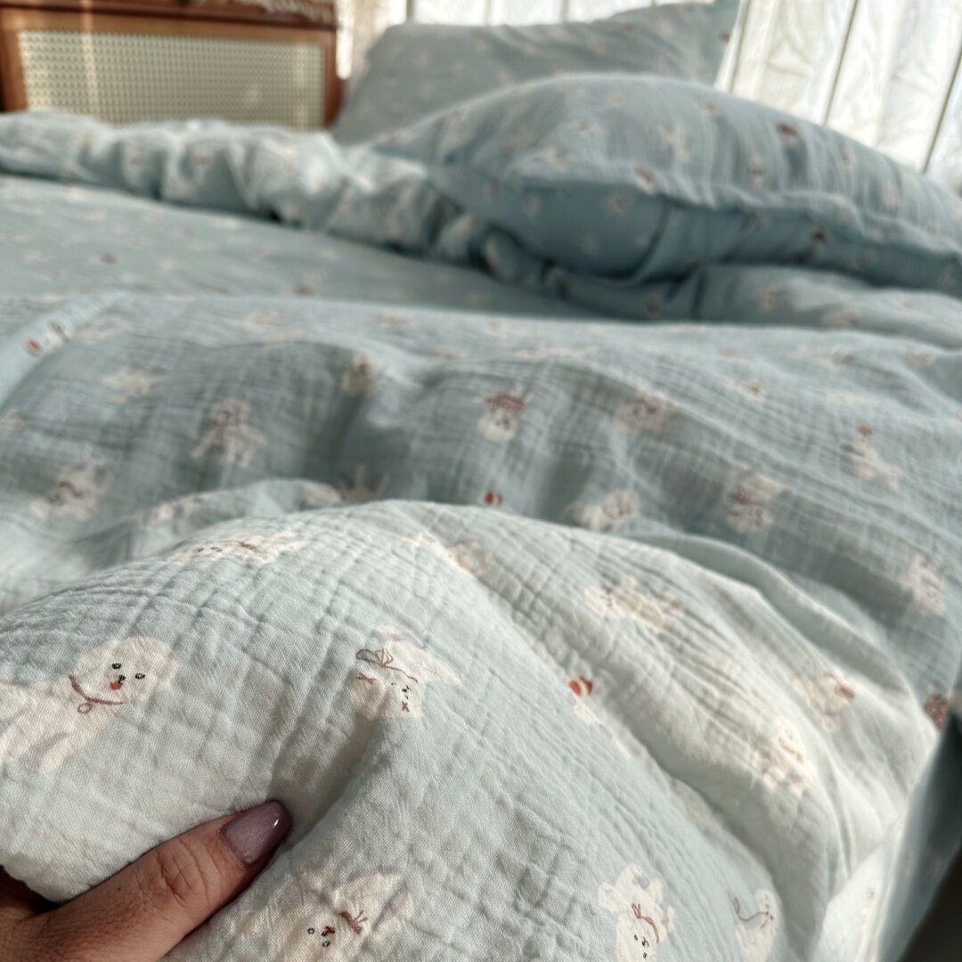 a类母婴级全棉双层纱萌萌狗皱纱布料宽2.5米纯棉床品定制可爱面料