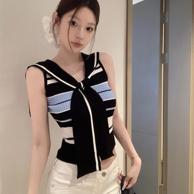 2026超火减龄撞色V领针织绑带背心女时尚条纹针织海军领无袖上衣