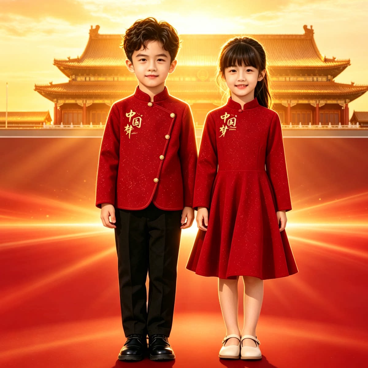 小学生中国风红色合唱朗诵演出服