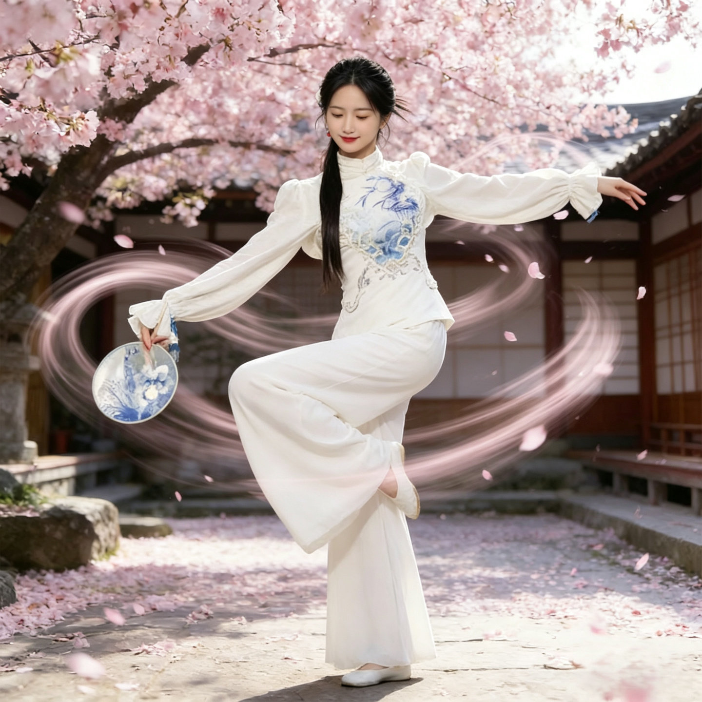 青花瓷蝴蝶泉边桃花笑女童演出服