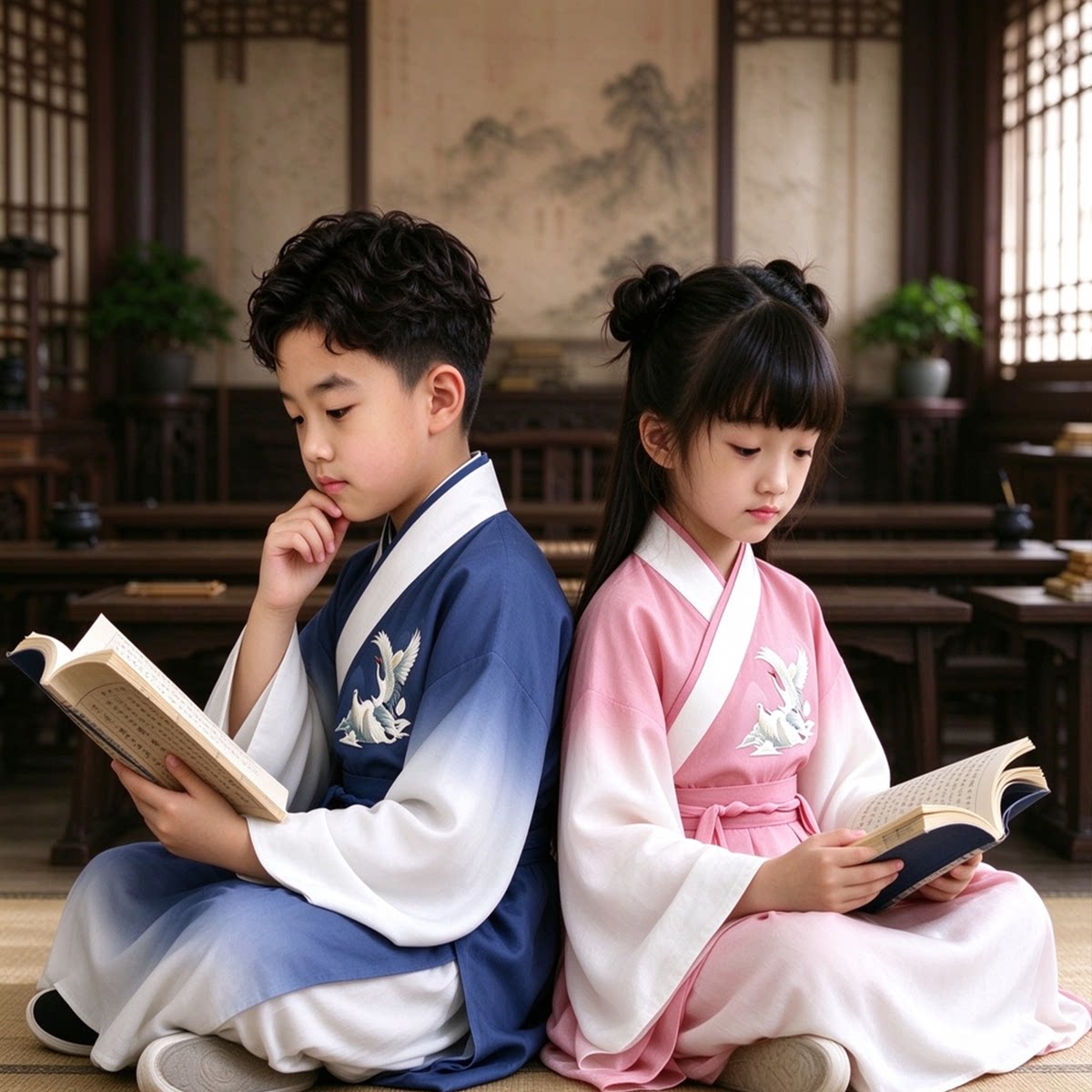 中国风儿童古装汉服男女童国学演出服装仙鹤刺绣系带古风表演服装