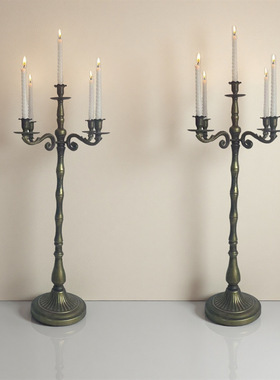 美式铜色铁艺多头烛台复古竹节蜡烛杯家居边角玄关桌面装饰品