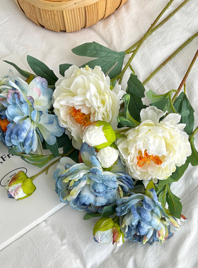 焦边牡丹仿真花 复古油画烤边芍药绢花室内客厅家居摆件摄影道具