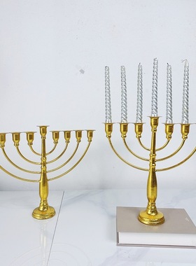跨境复古金属九头烛台犹太光明节蜡烛架家居餐桌中心装饰烛台