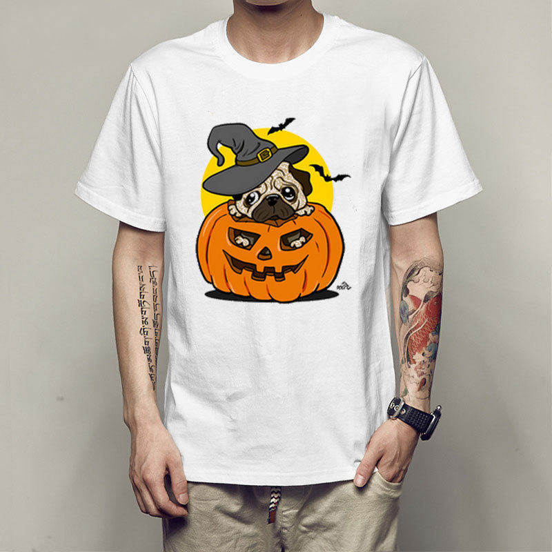 南瓜万圣节八哥巴哥犬狗狗T恤夏季短袖圆领衫男女T恤衫