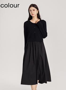 oldcolour春季新品黑色法式圆领时尚拼接针织连衣裙女Q120516A1