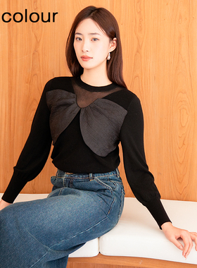 oldcolour春季新款黑色气质优雅设计感百搭毛织套头衫女Q120506A1