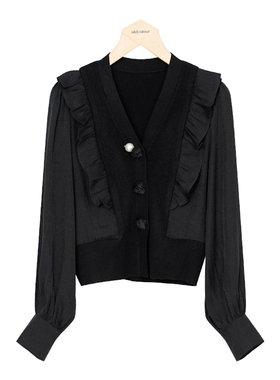 oldcolour秋季新款黑色高级V领长袖毛织短外套女P380501A1-699