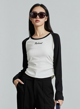 oldcolour秋季新款美式插肩T恤女复古圆领长袖上衣P330202A1