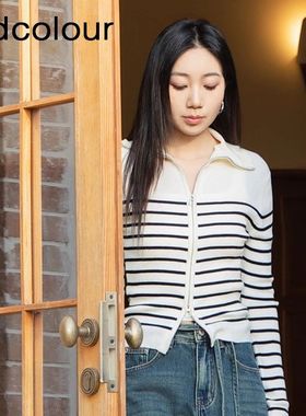 oldcolour春季新品经典条纹时尚通勤气质毛织短外套女BR140508A1