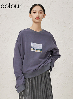 oldcolour冬季新品时尚宽松百搭休闲保暖印花圆领卫衣女O43021150